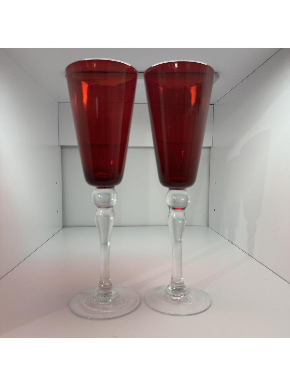 Pair of Elegant Red and Clear Stemmed Champagne Flutes